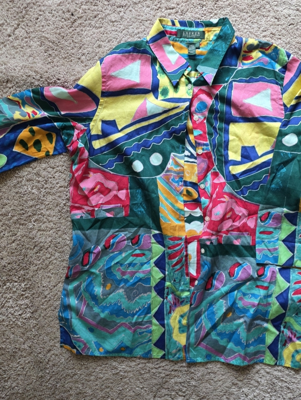 Lauren Ralph Lauren Petite Shirt L Colorful Abstract 90s Retro Button Up Cotton